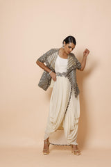 IVORY COWL DRAPE ONE PIECE WITH AJRAKH JACKET AND BELT