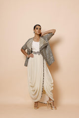 IVORY COWL DRAPE ONE PIECE WITH AJRAKH JACKET AND BELT