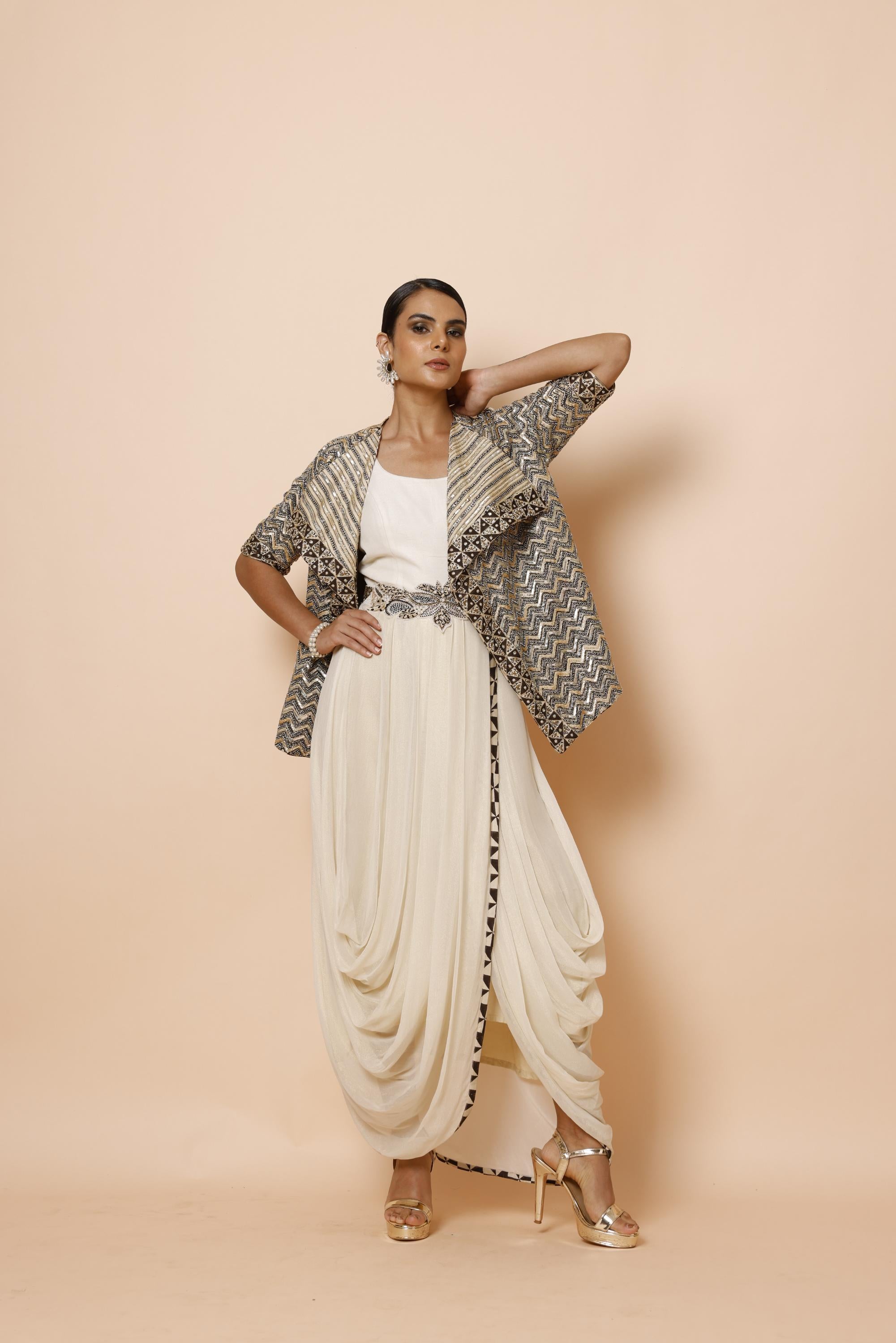IVORY COWL DRAPE ONE PIECE WITH AJRAKH JACKET AND BELT