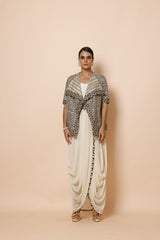 IVORY COWL DRAPE ONE PIECE WITH AJRAKH JACKET AND BELT
