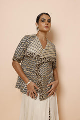 IVORY COWL DRAPE ONE PIECE WITH AJRAKH JACKET AND BELT