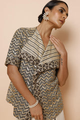 IVORY COWL DRAPE ONE PIECE WITH AJRAKH JACKET AND BELT