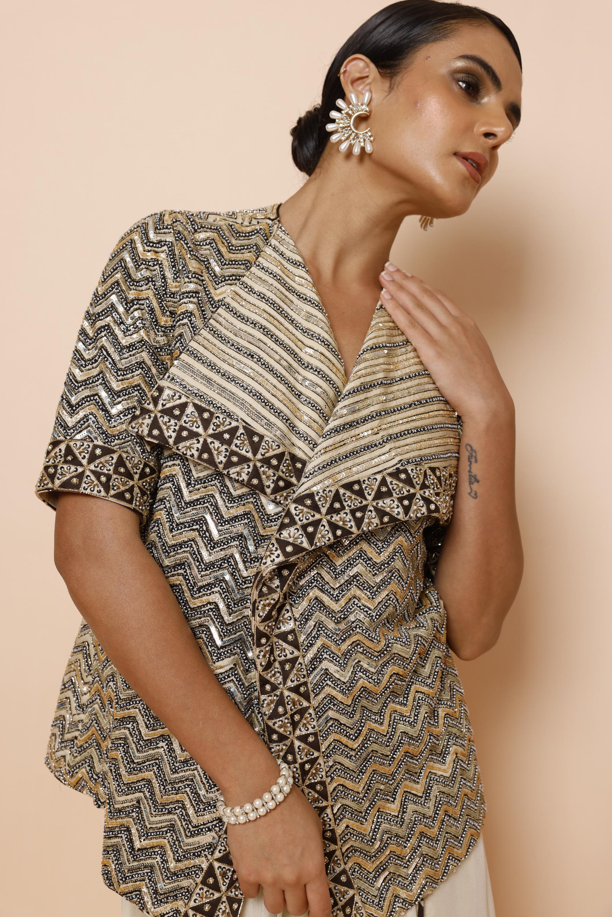 IVORY COWL DRAPE ONE PIECE WITH AJRAKH JACKET AND BELT