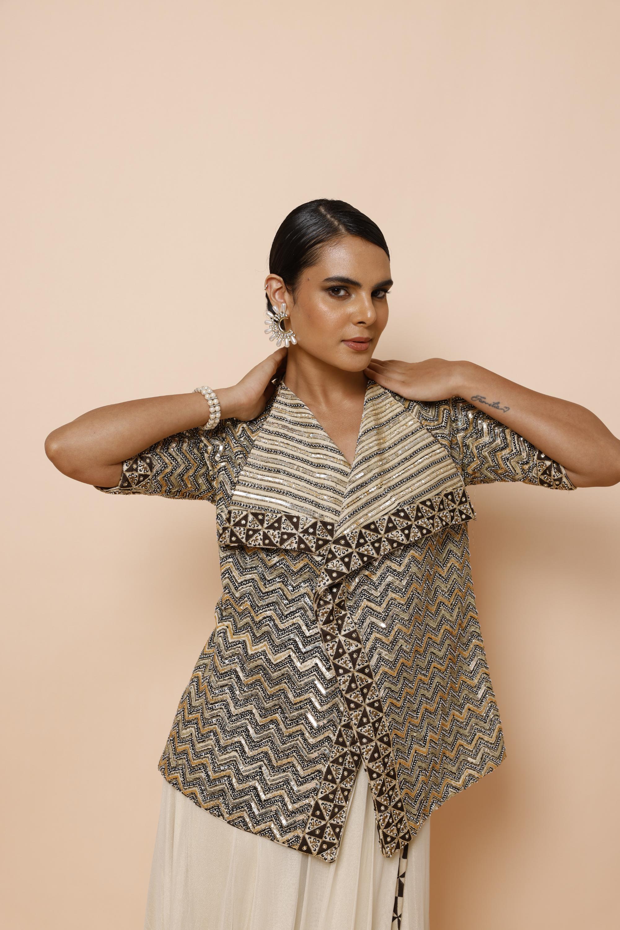 IVORY COWL DRAPE ONE PIECE WITH AJRAKH JACKET AND BELT