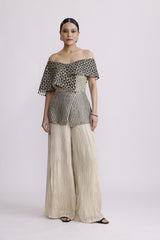 IVORY OFF SHOULDER PAPLUM TOP WITH CRUSH STRAIGHT PANTS