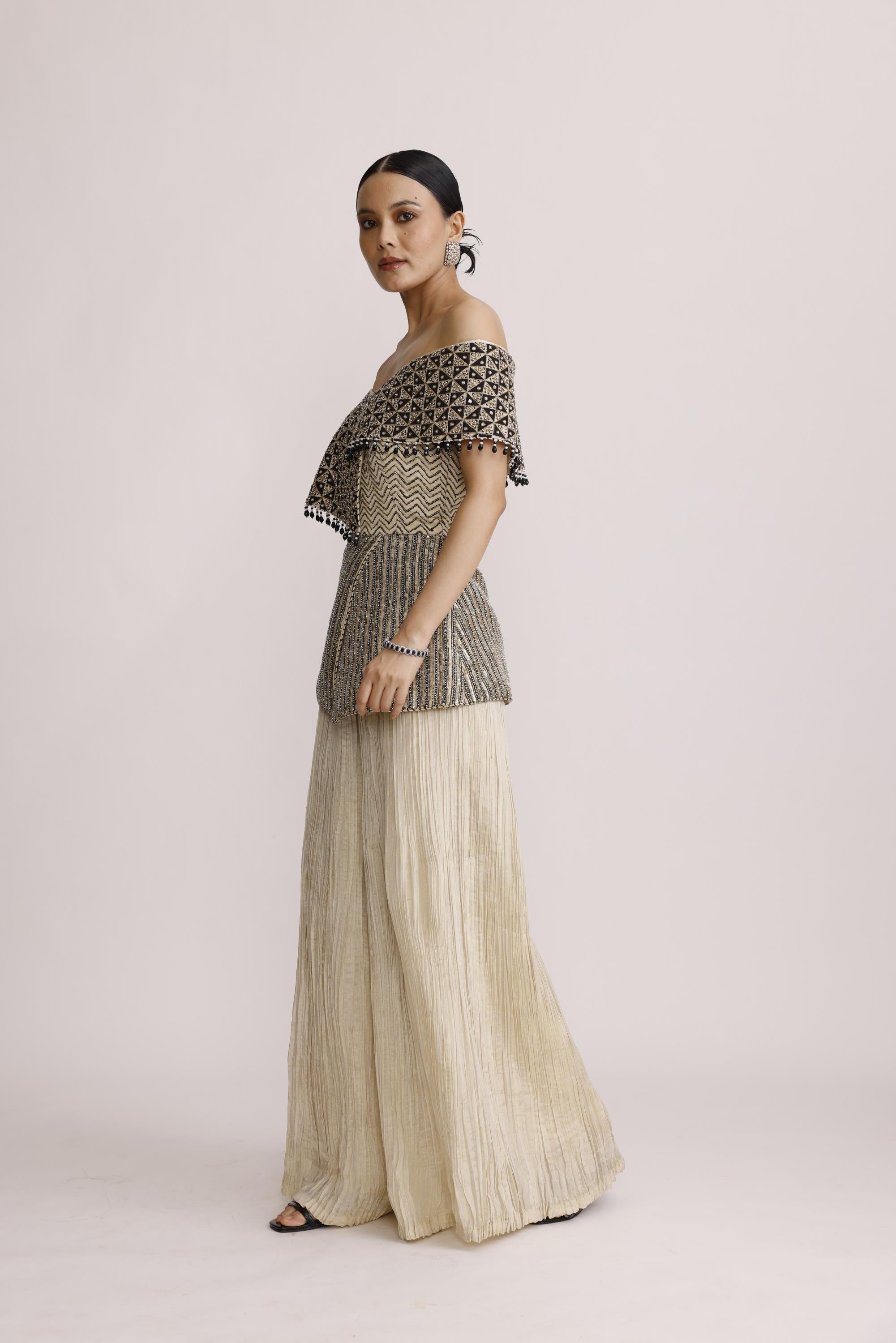 IVORY OFF SHOULDER PAPLUM TOP WITH CRUSH STRAIGHT PANTS