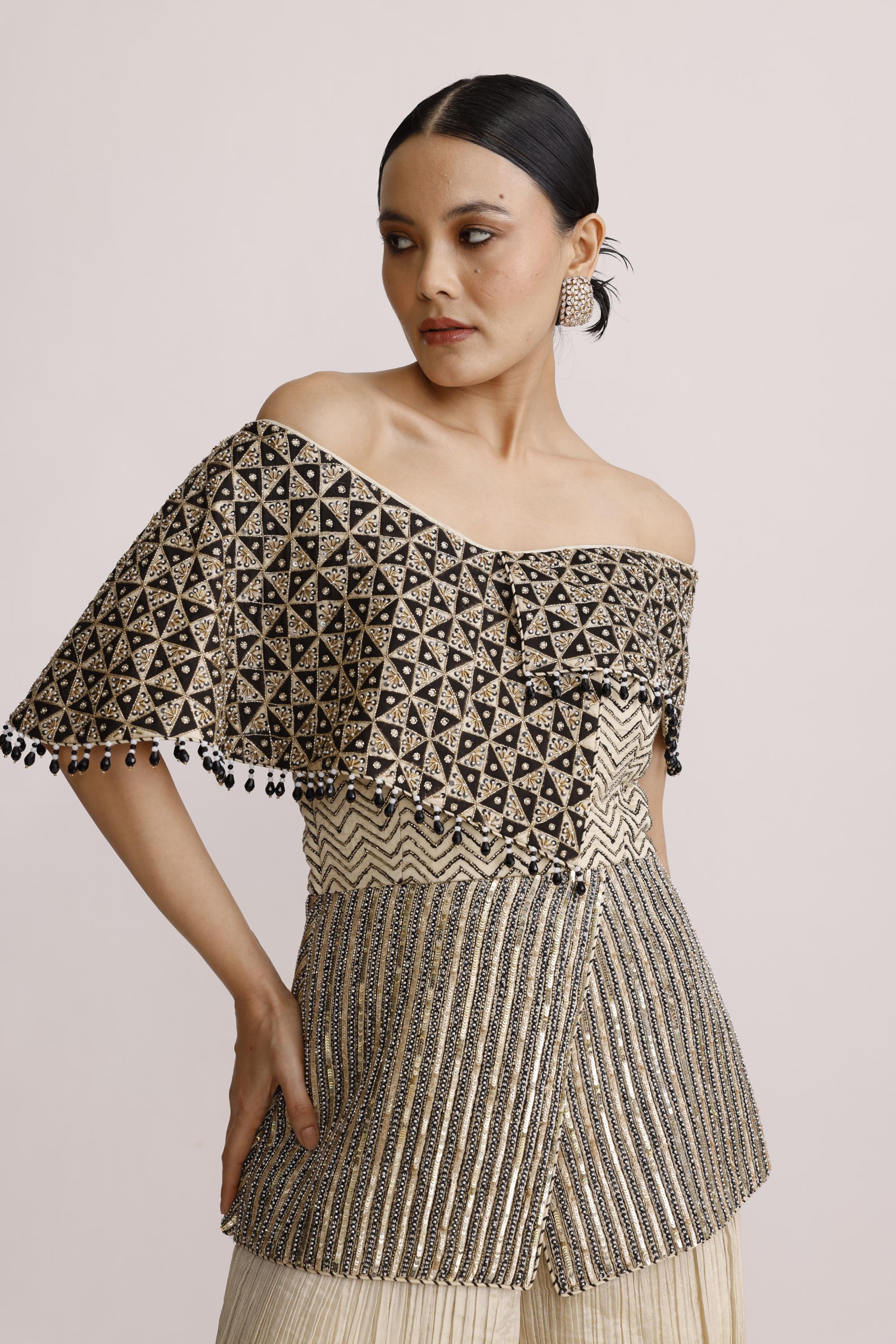 IVORY OFF SHOULDER PAPLUM TOP WITH CRUSH STRAIGHT PANTS