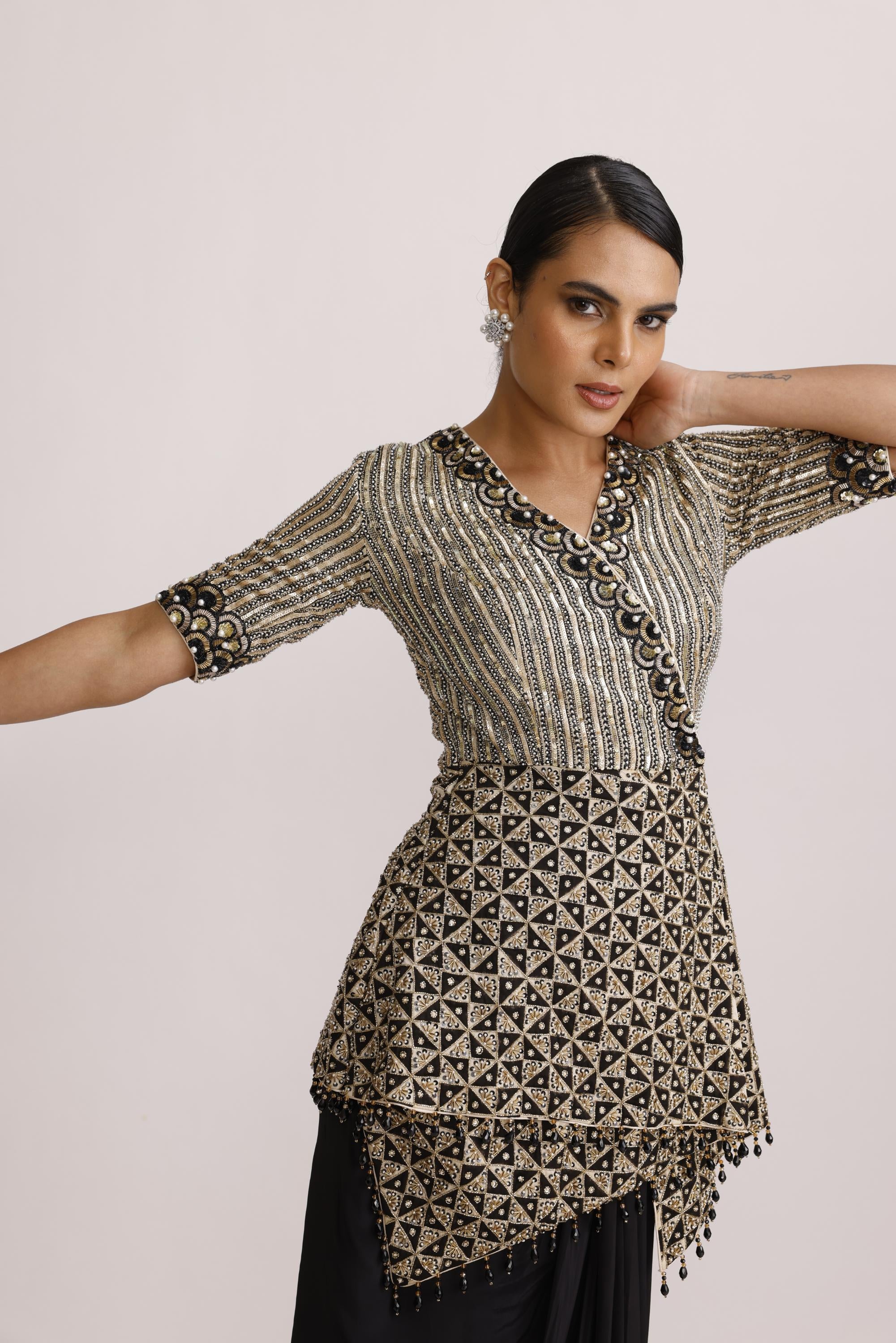 AJRAKH PALPLUM TOP WITH CRAPE DRAPE SKIRT