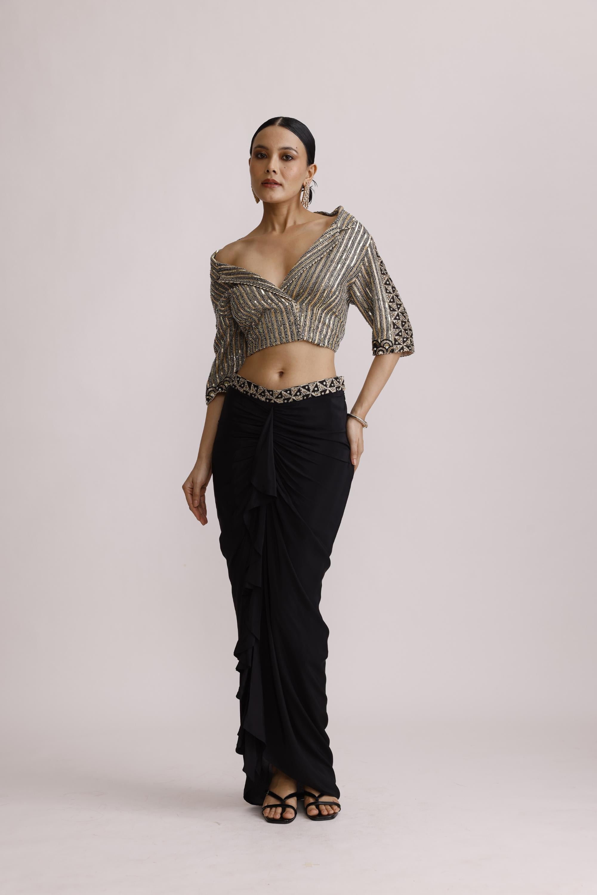 BLACK BLAZER COLLAR TOP WITH DRAPE SKIRT