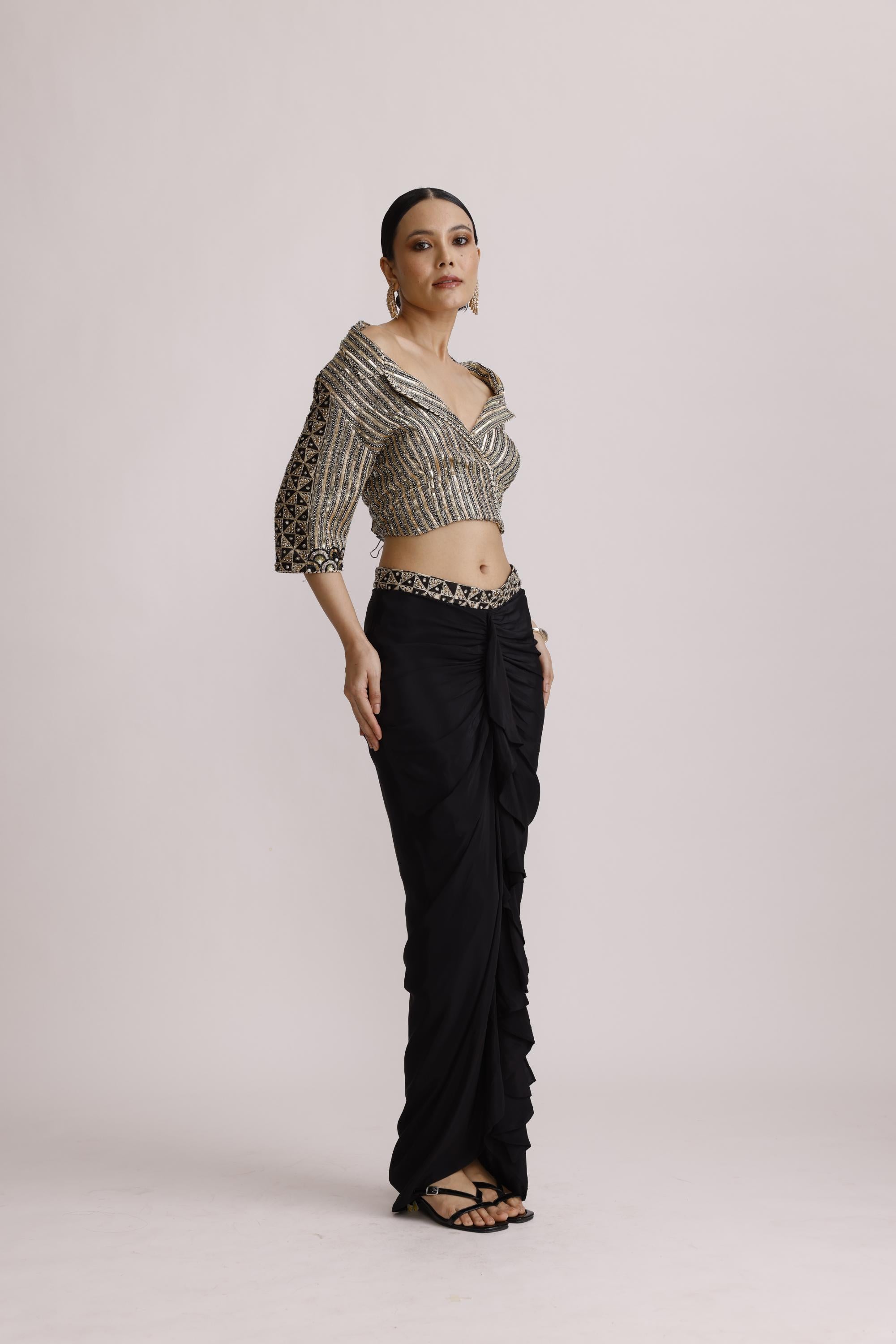 BLACK BLAZER COLLAR TOP WITH DRAPE SKIRT