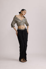 BLACK BLAZER COLLAR TOP WITH DRAPE SKIRT