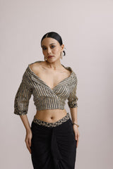 BLACK BLAZER COLLAR TOP WITH DRAPE SKIRT