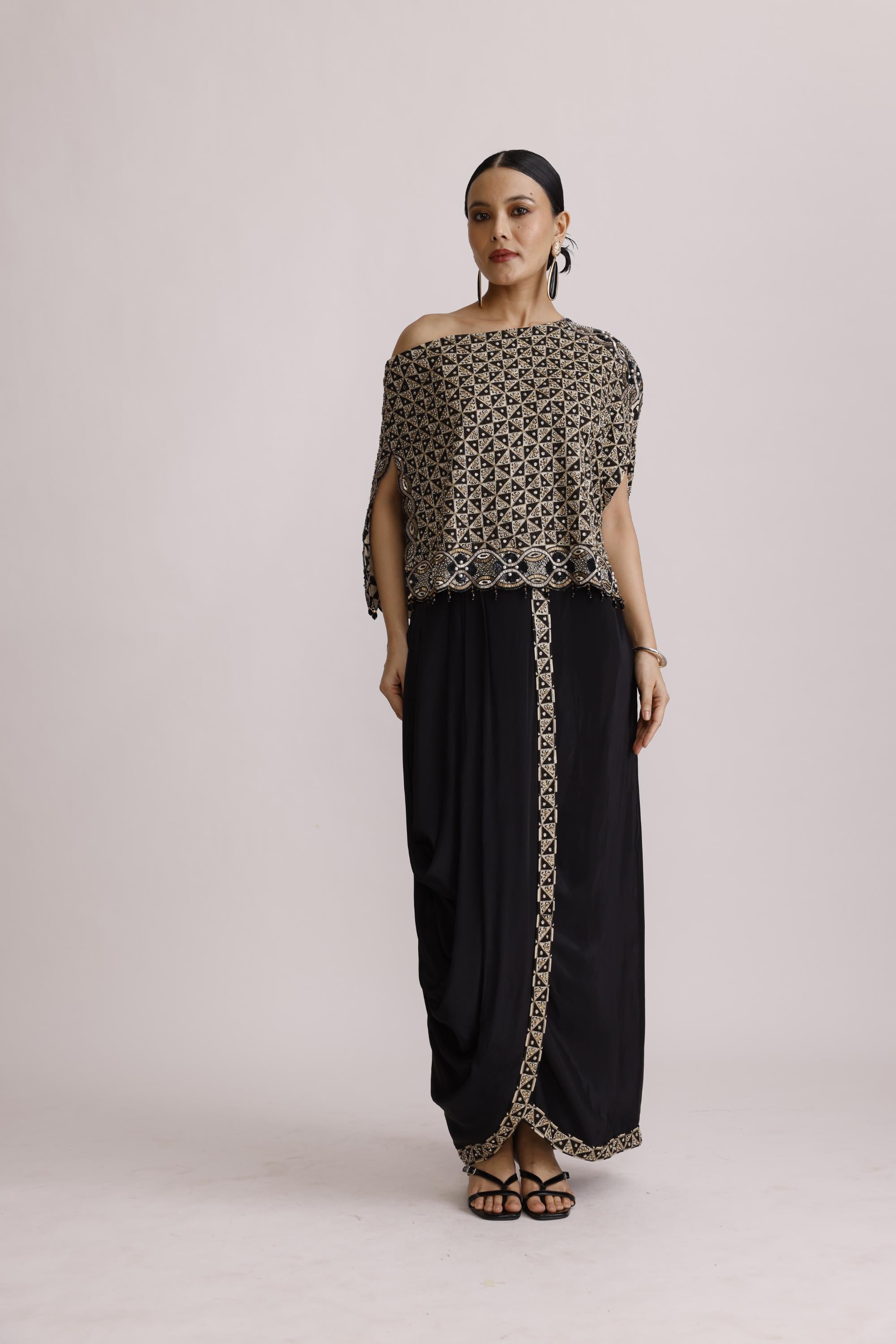 AJRAKH ONE SHOULDER TOP WITH DRAPE SKIRT