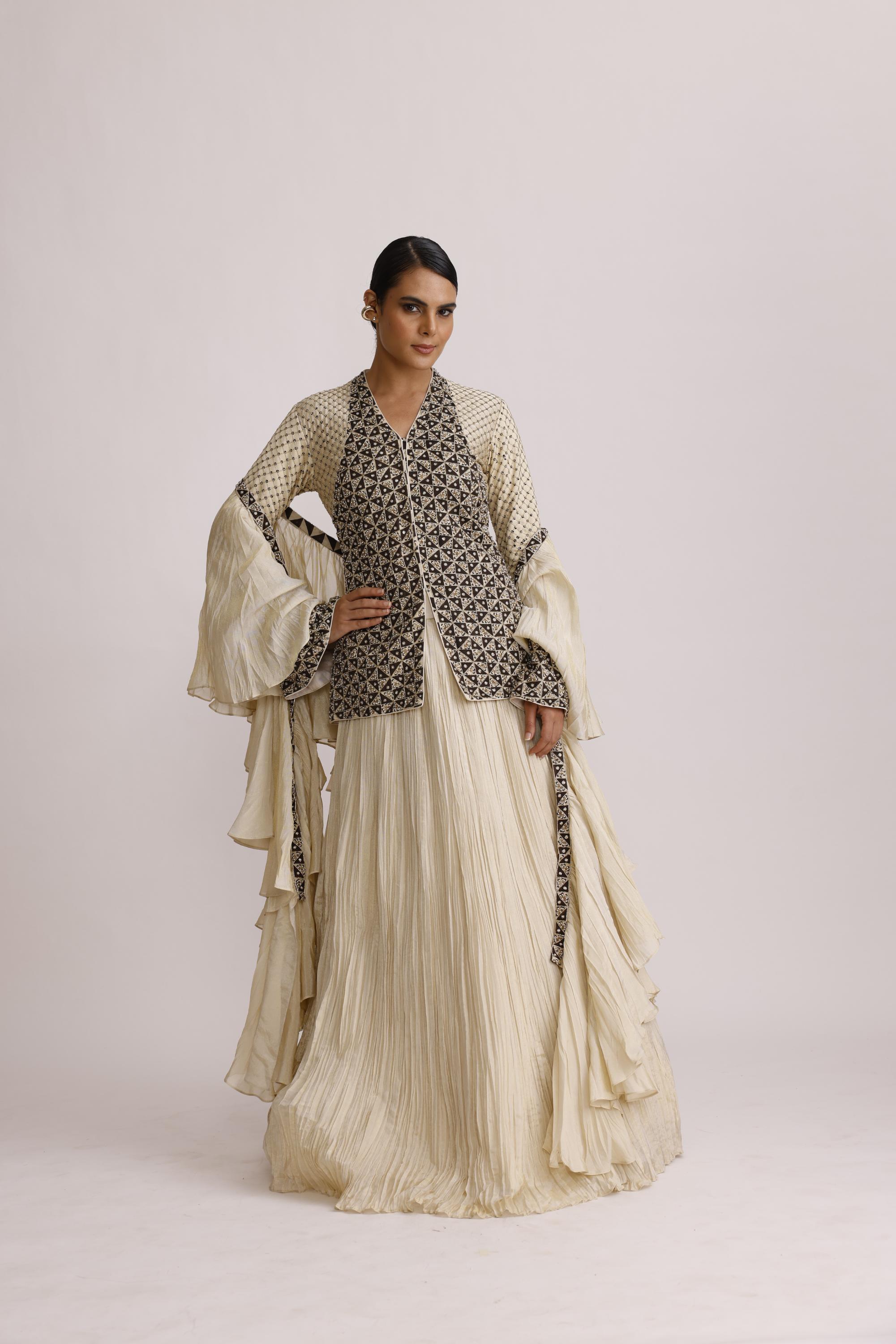 IVORY AJRAKH JACKET WITH CRUSH SKIRT AND FRILL DUPATTA