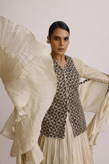 IVORY AJRAKH JACKET WITH CRUSH SKIRT AND FRILL DUPATTA