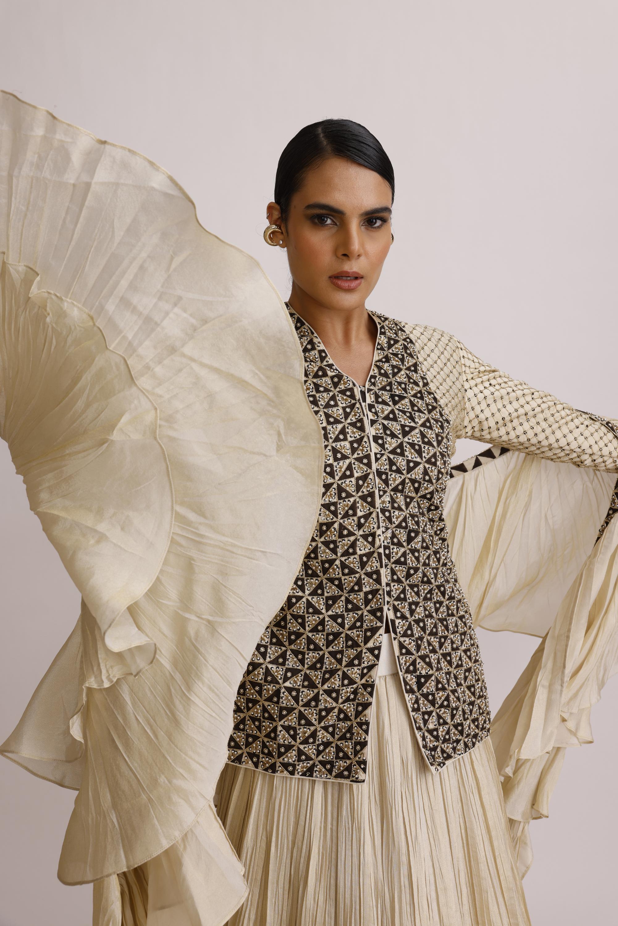 IVORY AJRAKH JACKET WITH CRUSH SKIRT AND FRILL DUPATTA