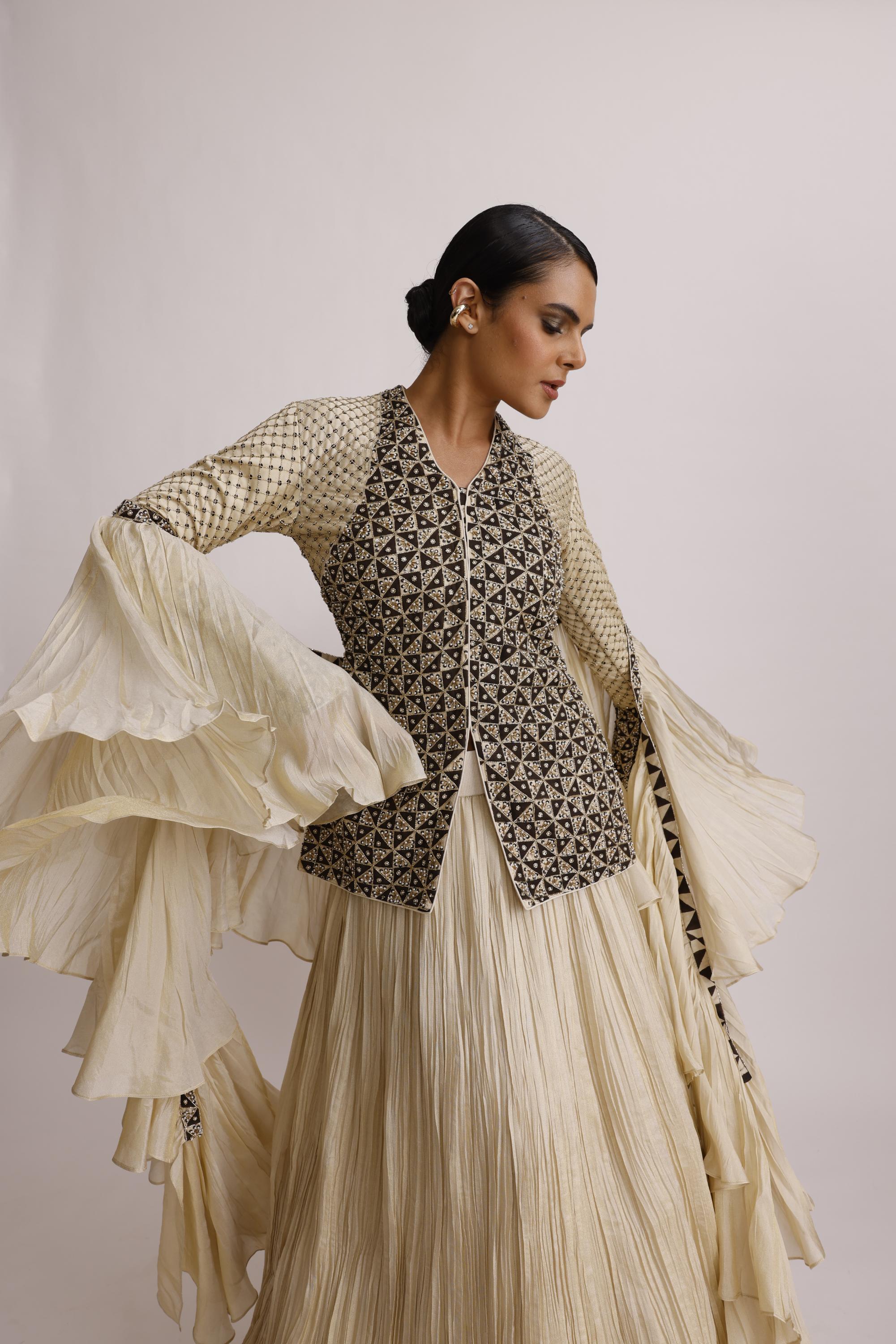 IVORY AJRAKH JACKET WITH CRUSH SKIRT AND FRILL DUPATTA