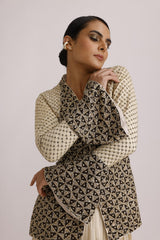 IVORY AJRAKH JACKET WITH CRUSH SKIRT AND FRILL DUPATTA