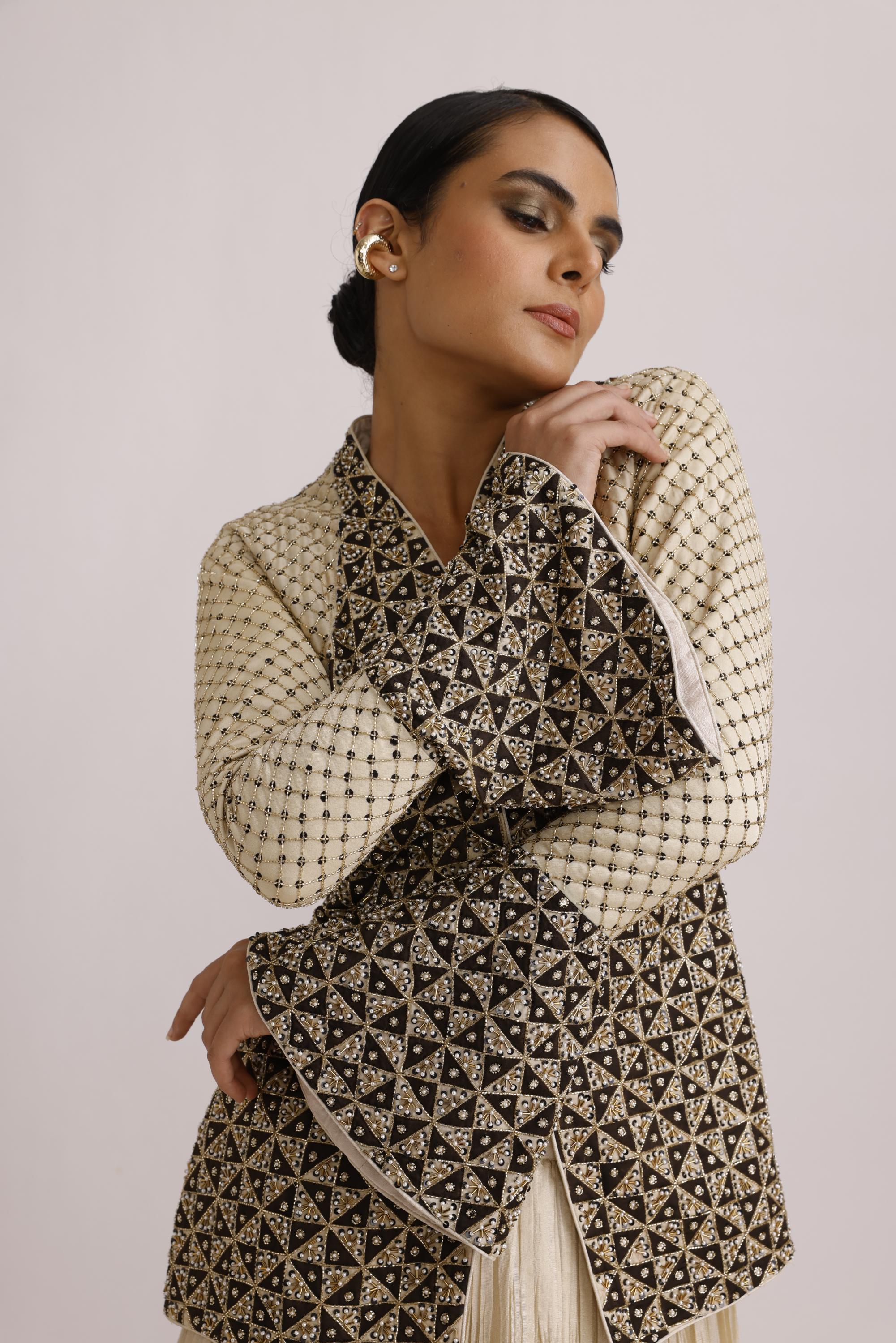 IVORY AJRAKH JACKET WITH CRUSH SKIRT AND FRILL DUPATTA