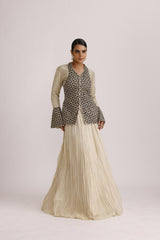 IVORY AJRAKH JACKET WITH CRUSH SKIRT AND FRILL DUPATTA