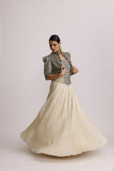IVORY CORSET TOP WITH CRUSH SKIRT AND PAIRED WITH AJRAKH JACKET