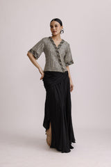 SHIMMER TISSUE EMBROIDED TOP WITH DRAPE SKIRT