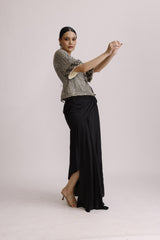 SHIMMER TISSUE EMBROIDED TOP WITH DRAPE SKIRT