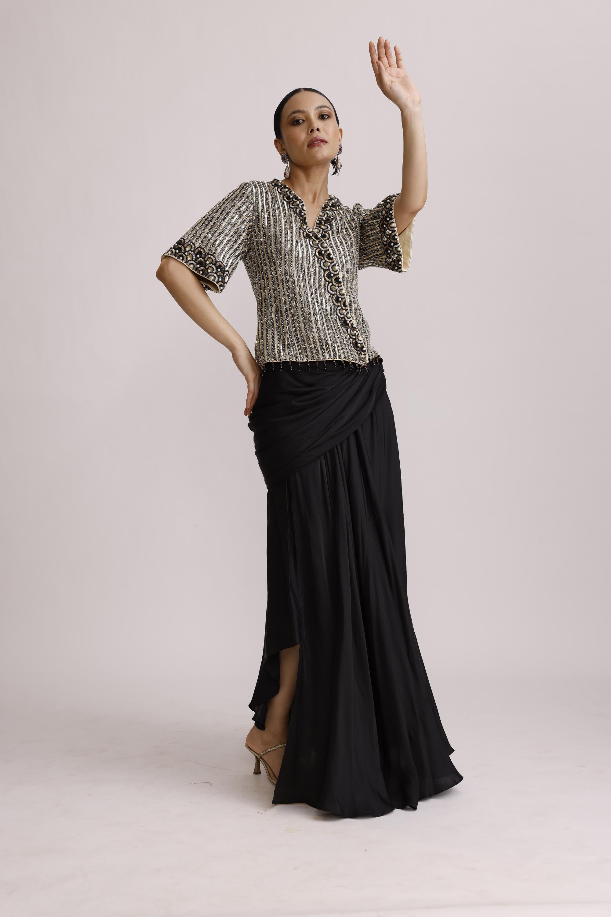 SHIMMER TISSUE EMBROIDED TOP WITH DRAPE SKIRT