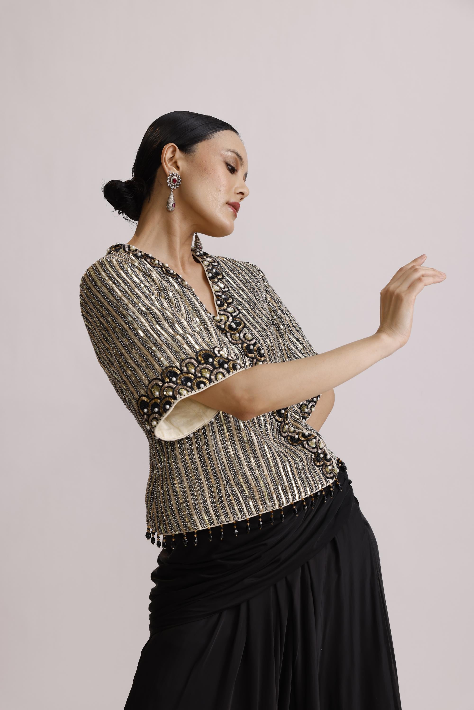 SHIMMER TISSUE EMBROIDED TOP WITH DRAPE SKIRT