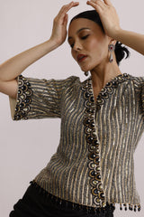 SHIMMER TISSUE EMBROIDED TOP WITH DRAPE SKIRT