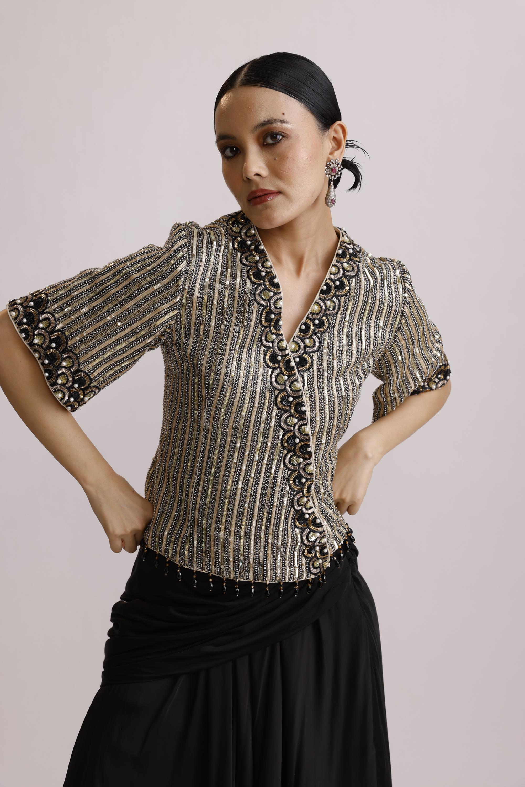 SHIMMER TISSUE EMBROIDED TOP WITH DRAPE SKIRT
