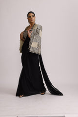 BLACK PRE DRAPE SAREE WITH BRALETTE AND CAPE JACKET