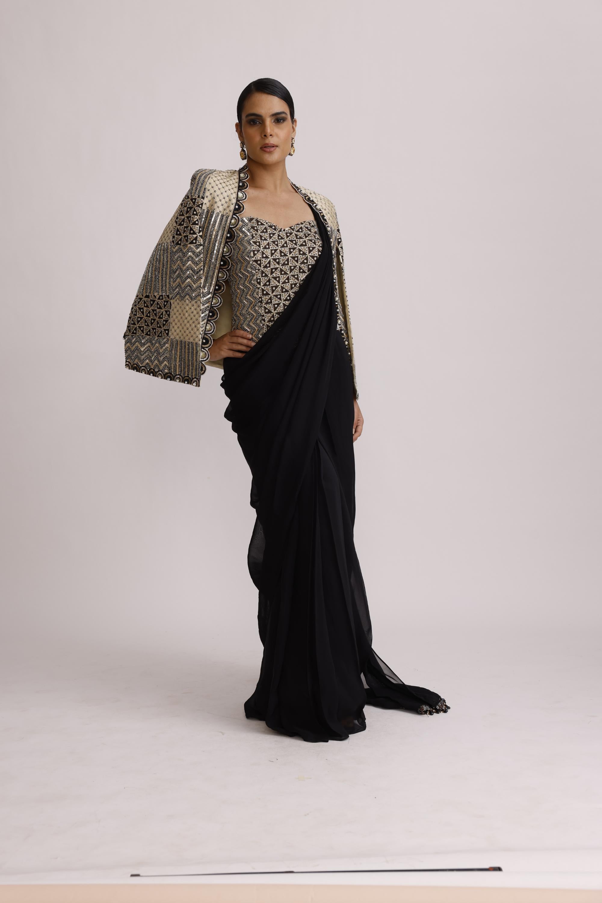BLACK PRE DRAPE SAREE WITH BRALETTE AND CAPE JACKET