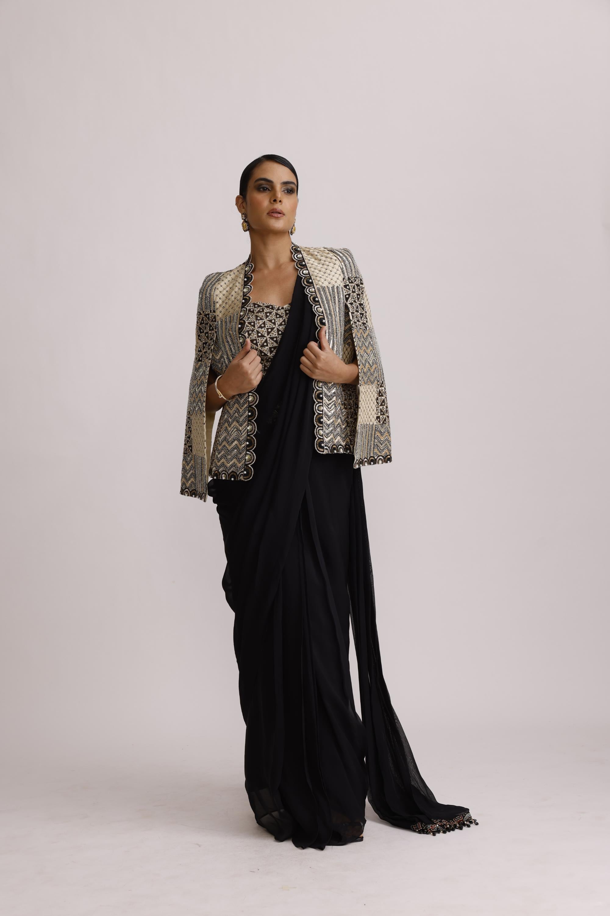BLACK PRE DRAPE SAREE WITH BRALETTE AND CAPE JACKET
