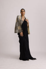 BLACK PRE DRAPE SAREE WITH BRALETTE AND CAPE JACKET