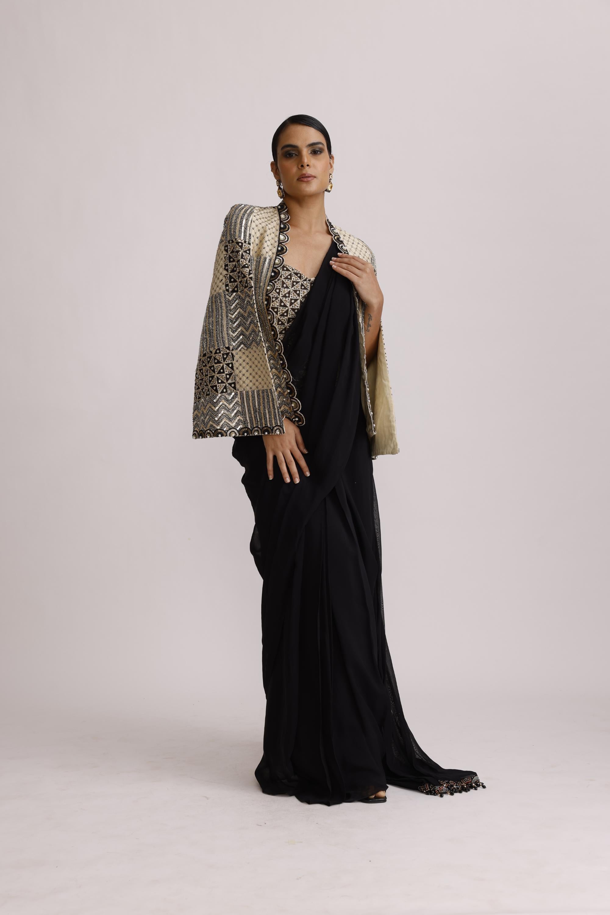 BLACK PRE DRAPE SAREE WITH BRALETTE AND CAPE JACKET