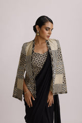 BLACK PRE DRAPE SAREE WITH BRALETTE AND CAPE JACKET