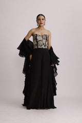 BLACK CORSET JUMPSUIT WITH RUFFLE DUPATTA
