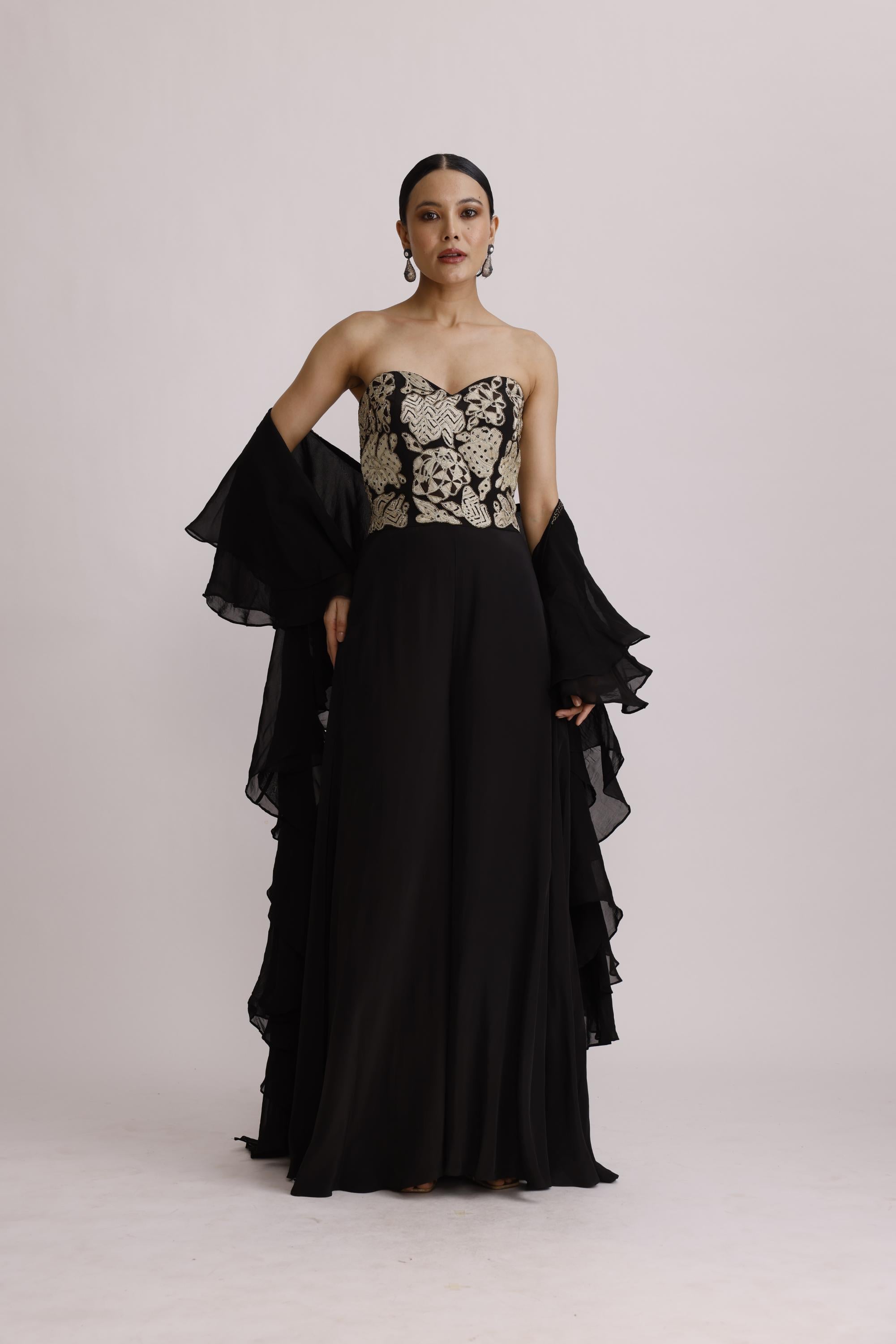 BLACK CORSET JUMPSUIT WITH RUFFLE DUPATTA