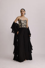 BLACK CORSET JUMPSUIT WITH RUFFLE DUPATTA