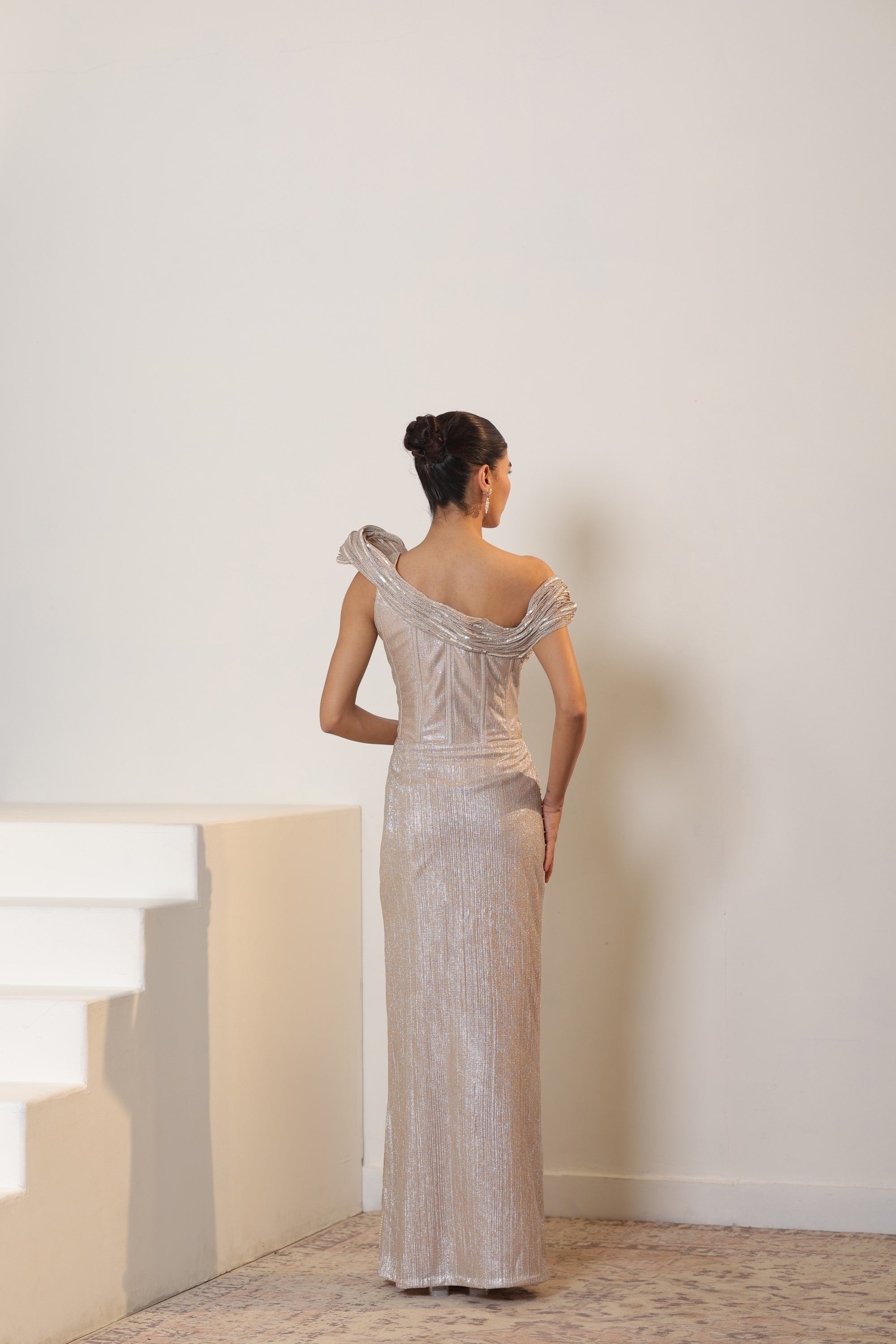 Champagne Mettelic Lycra Crepe Embroidered Gown -Elegant Cocktail Wear