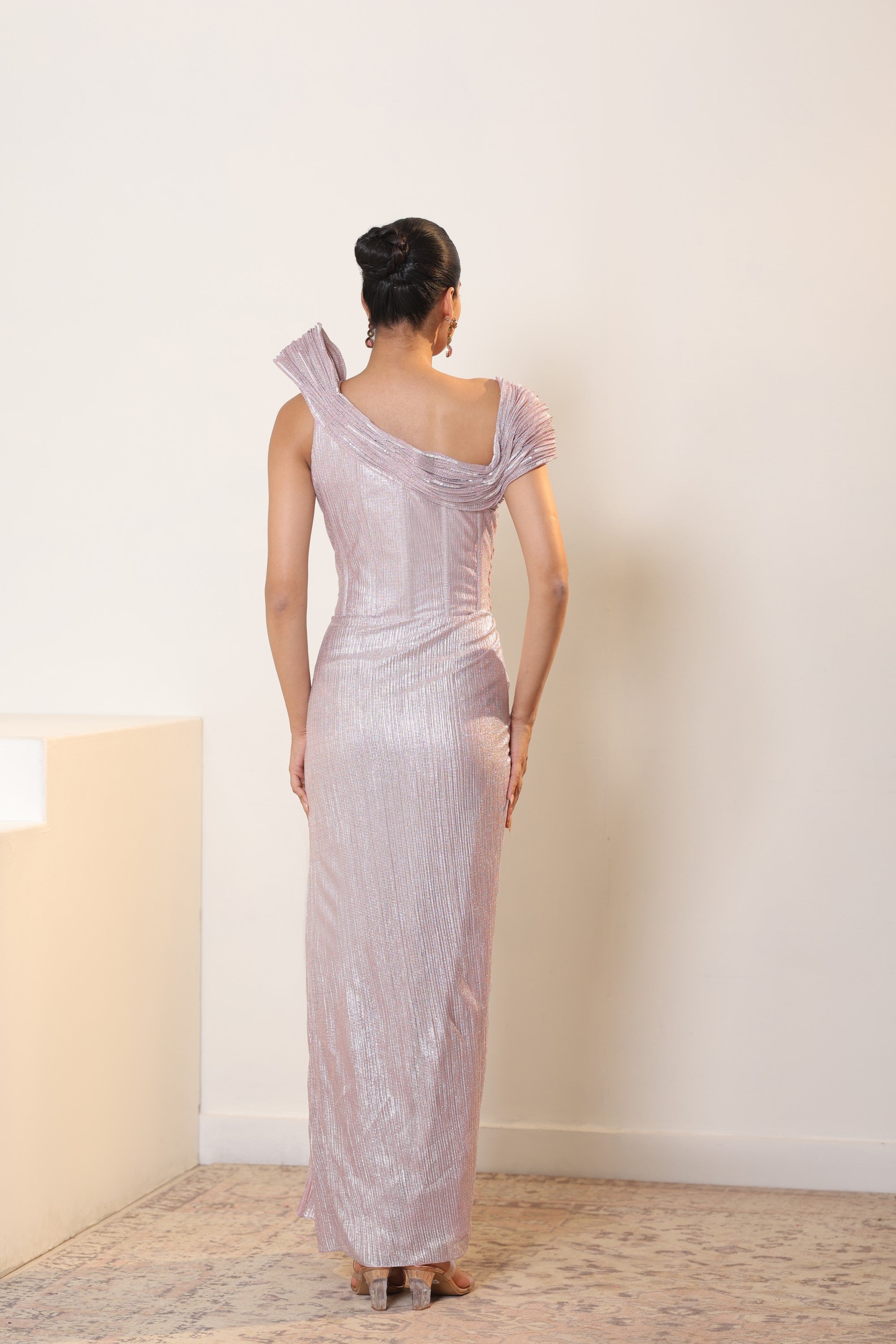 Pink Mettelic Lycra Crepe Embroidered Gown - Elegant Designer Wear