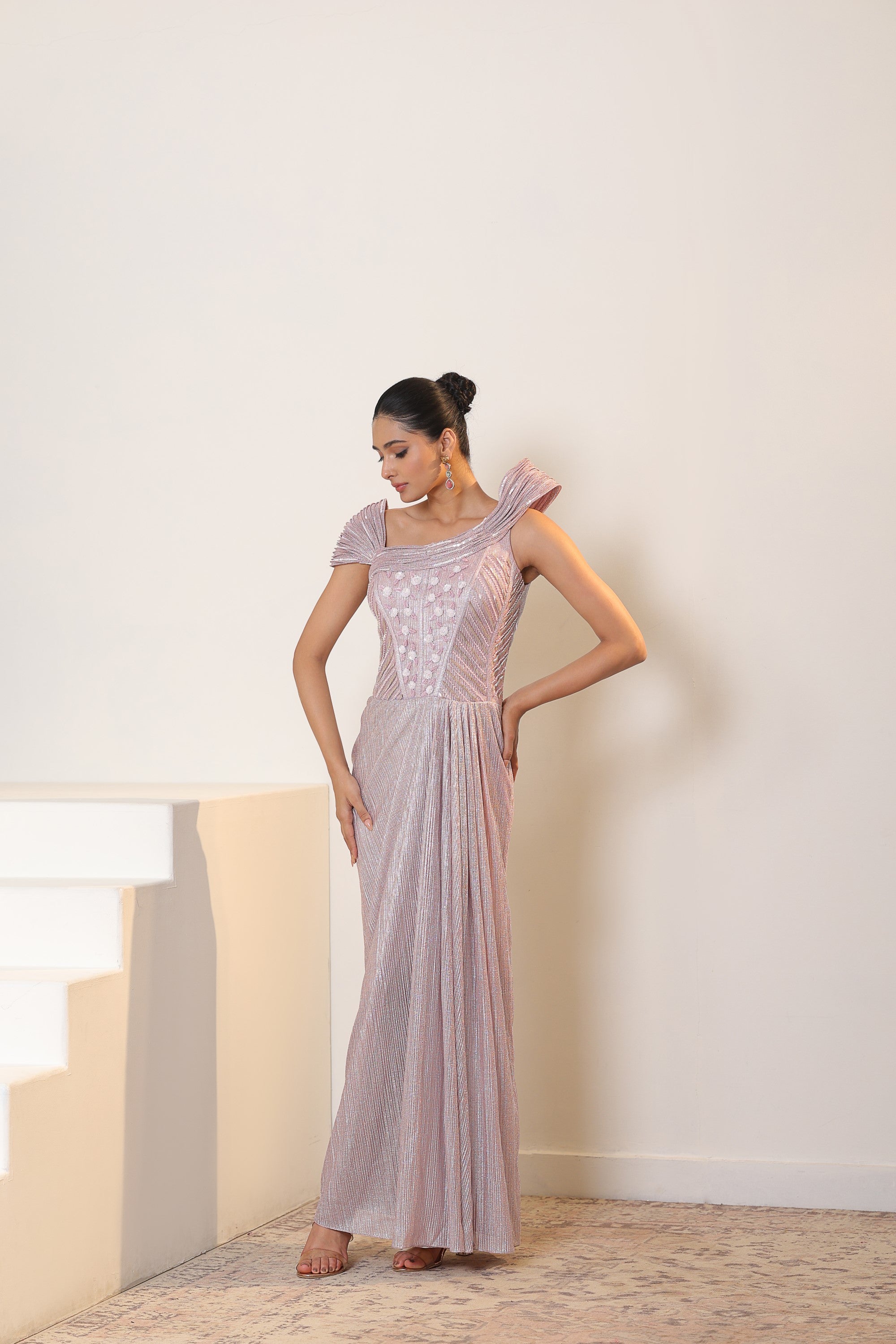 Pink Mettelic Lycra Crepe Embroidered Gown - Elegant Designer Wear