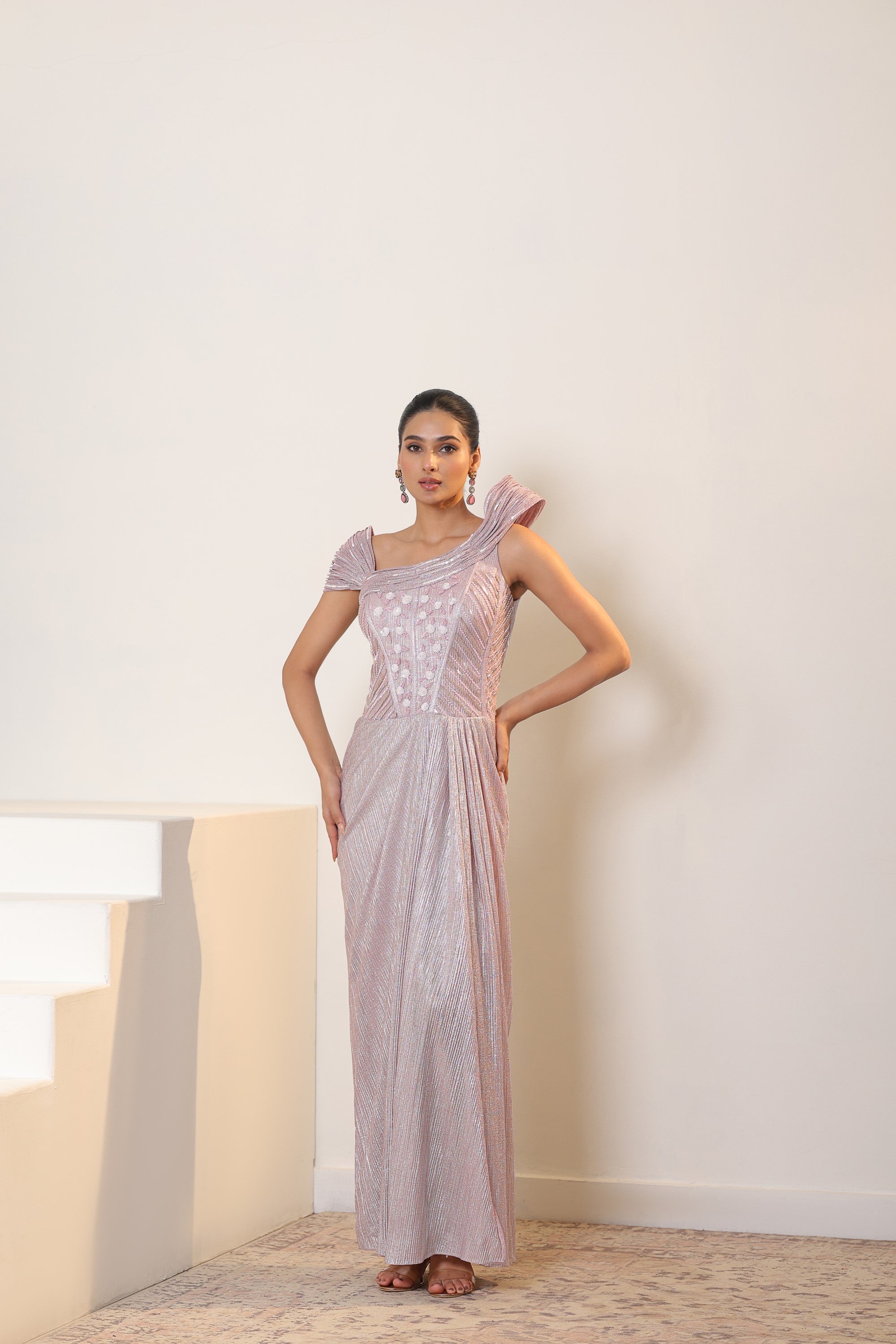 Pink Mettelic Lycra Crepe Embroidered Gown - Elegant Designer Wear