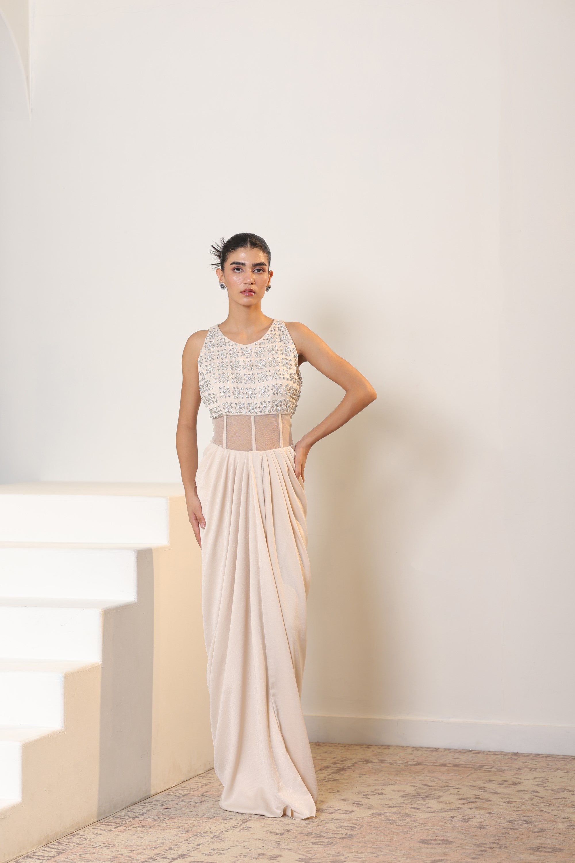 Ivroy Crepe Satin Western Embroidered Gown - Premium Cocktail Wear