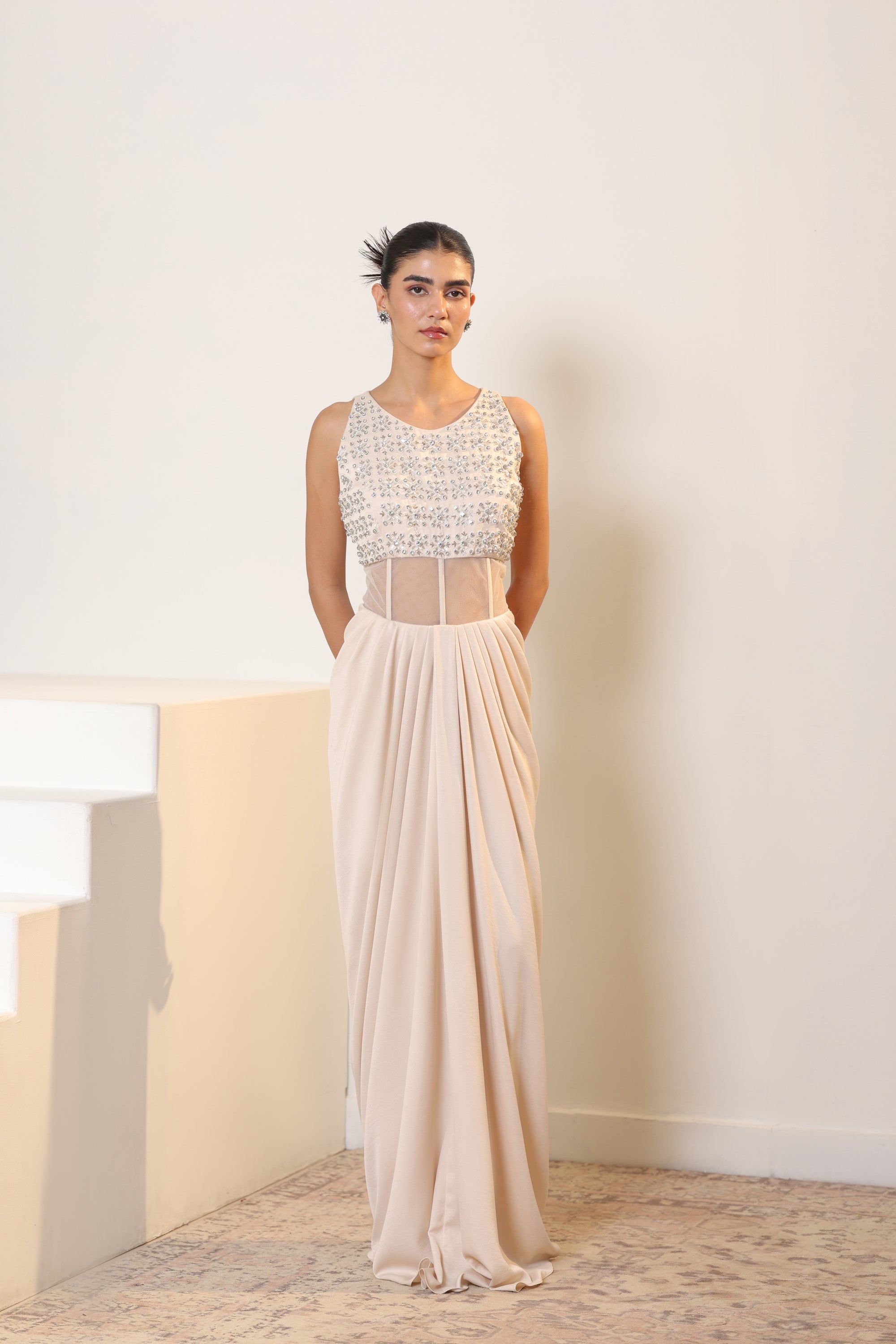 Ivroy Crepe Satin Western Embroidered Gown - Premium Cocktail Wear