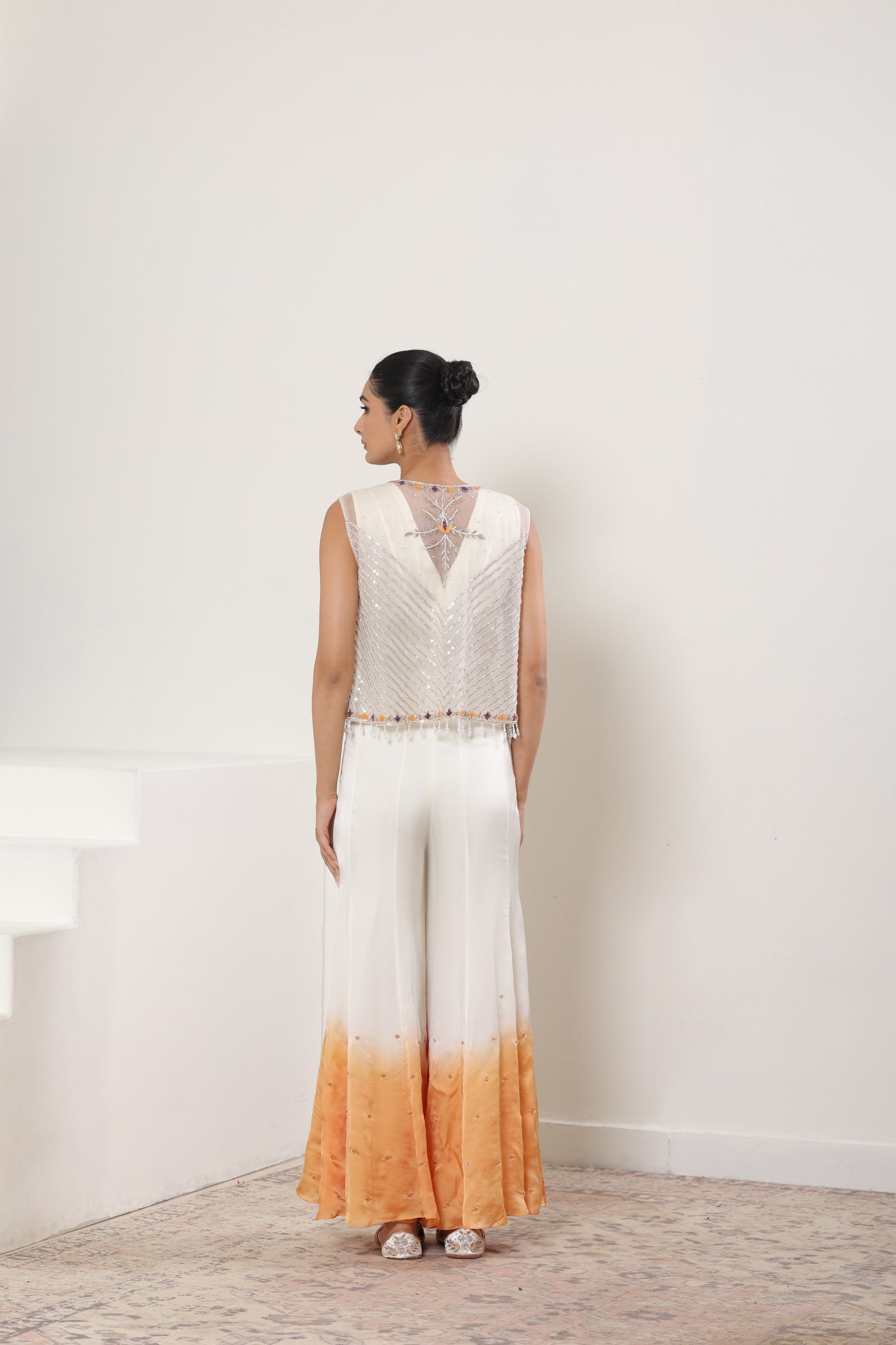 Ivory with Orange Satin Organza Jumpsuit with cape – Occasional Wear