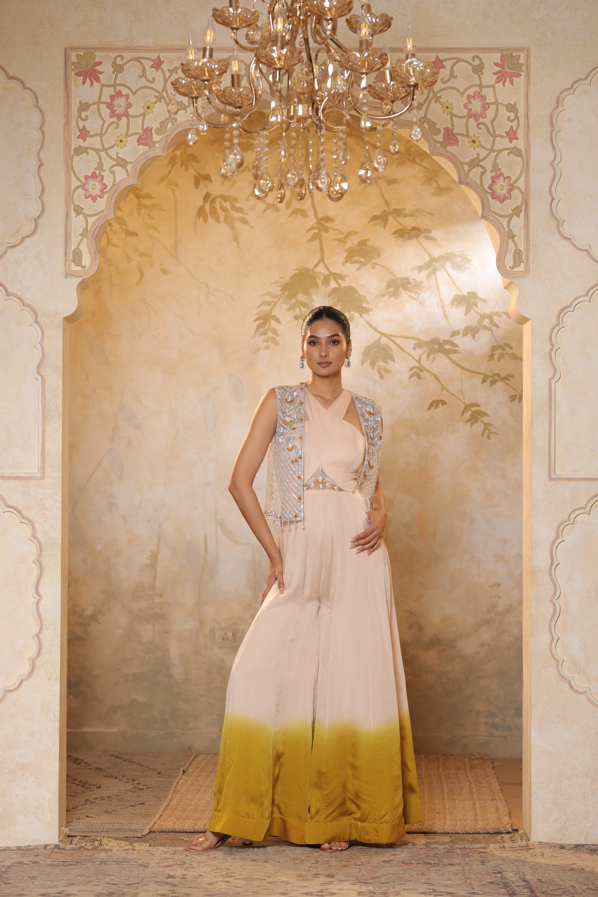 Ivory Pink Satin Organza Embroidered Jumpsuit - Designer Festive Wear