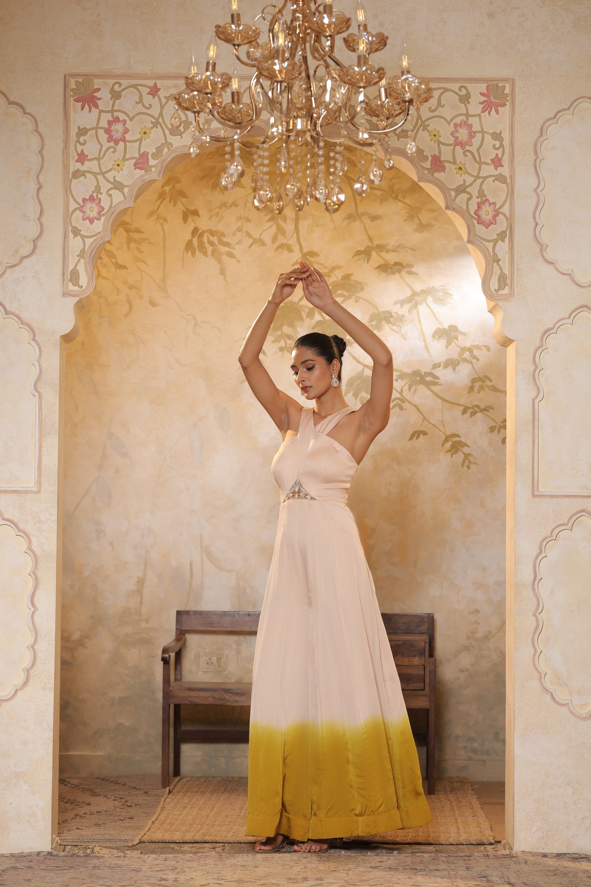 Ivory Pink Satin Organza Embroidered Jumpsuit - Designer Festive Wear