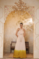 Ivory Pink Satin Organza Embroidered Jumpsuit - Designer Festive Wear